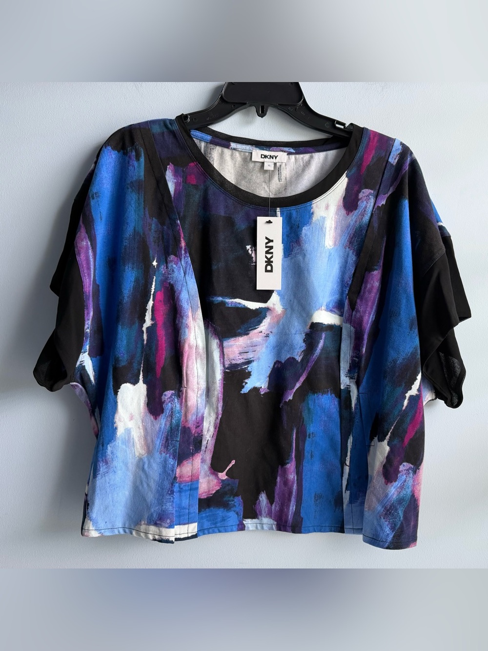 DKNY Women's Blue & Black Printed Chiffon-Sleeve Blouse Size XL